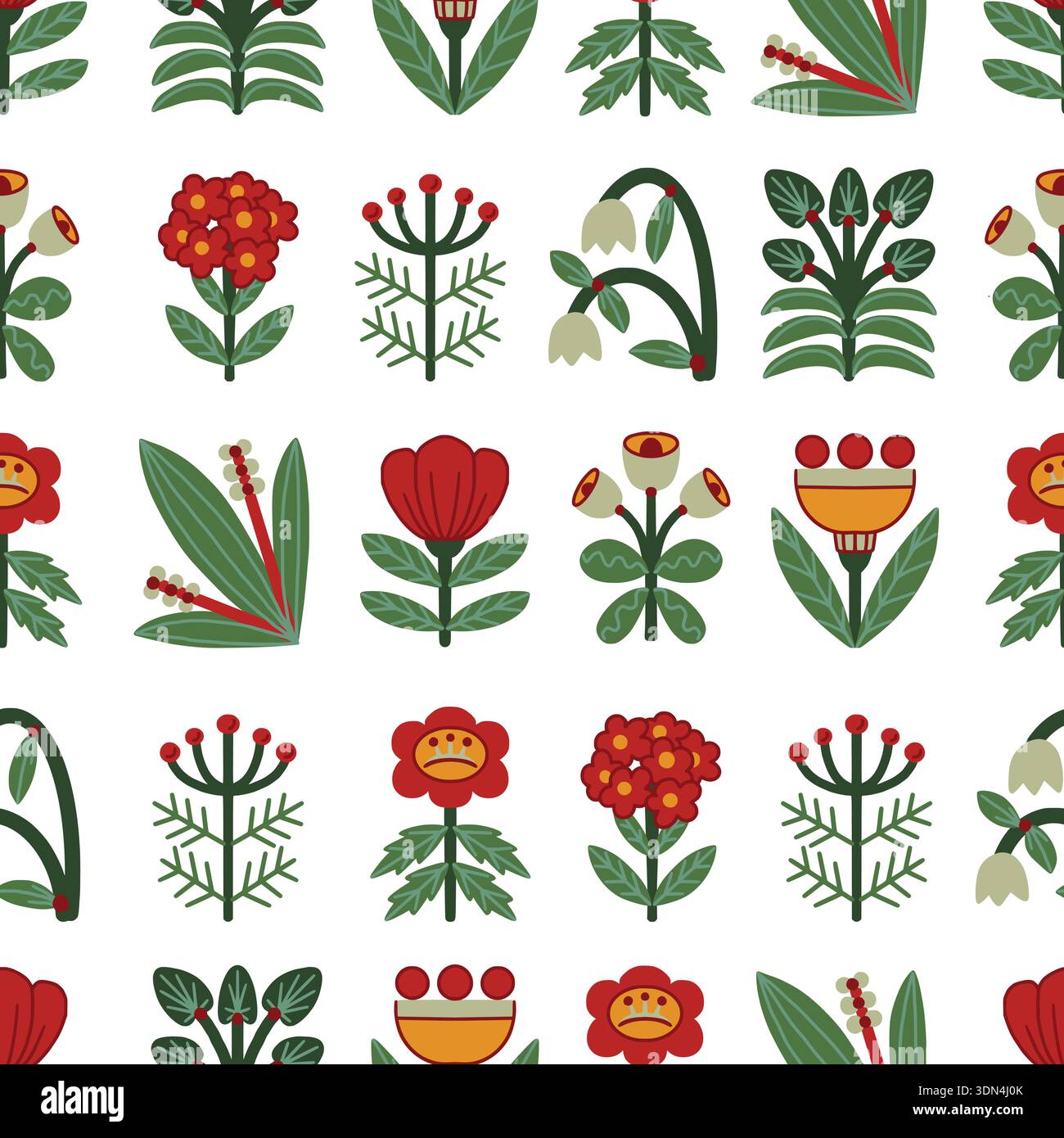 Folk Scandinavian flowers vector seamless pattern with stylized plants Stock Vector