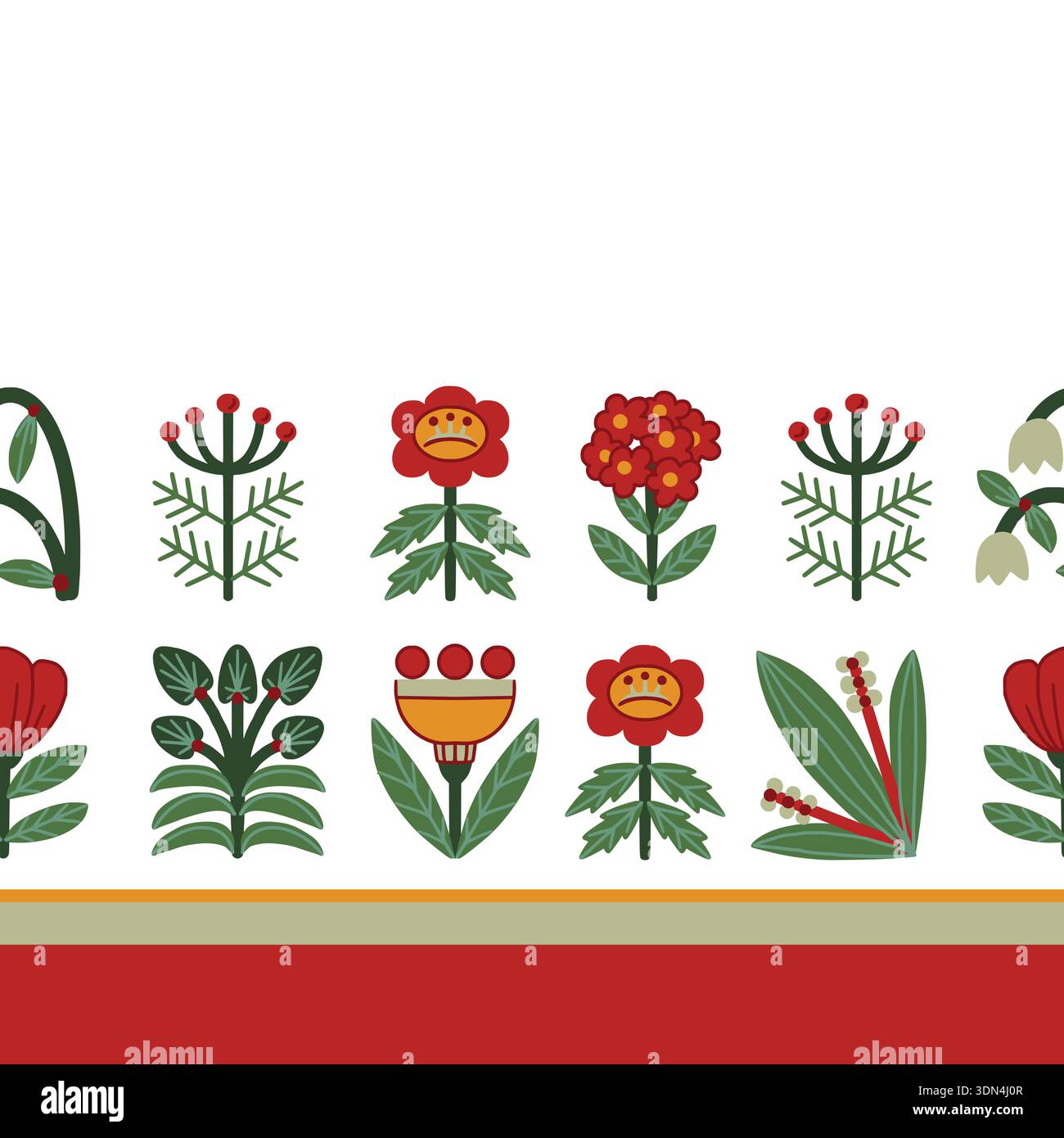 Folk Scandinavian flowers vector border with stylized plants Stock Vector