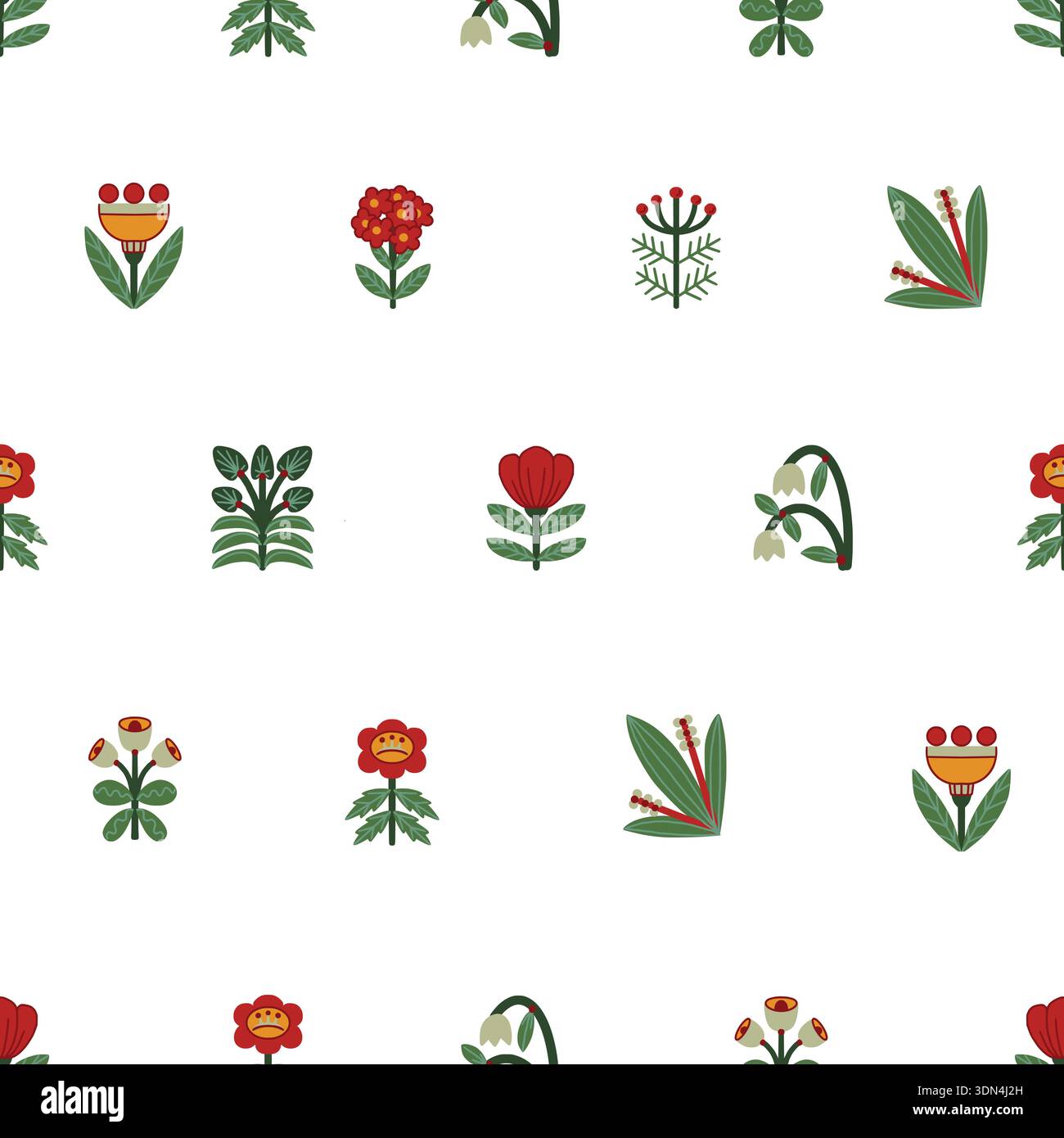 Folk Scandinavian flowers vector seamless pattern with stylized plants Stock Vector