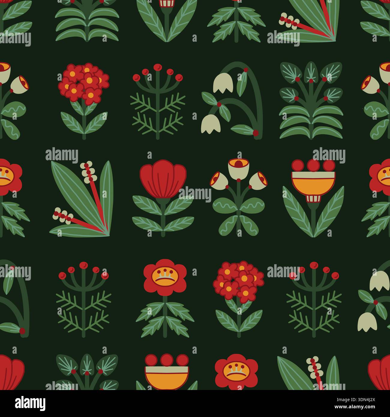 Folk Scandinavian flowers vector seamless pattern with stylized plants Stock Vector