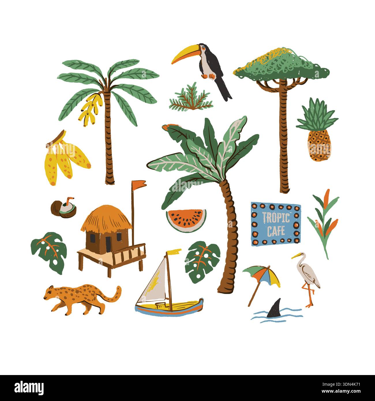 Summer tropical vector illustration set with island elements fruits ...