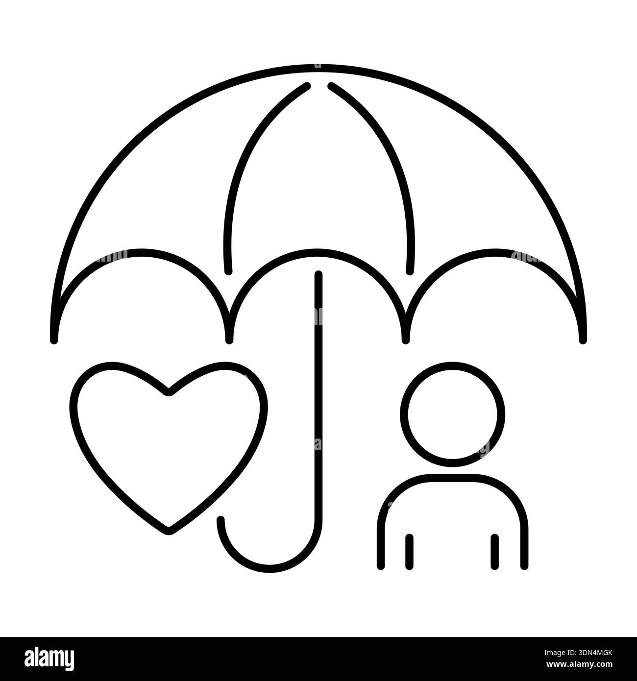 Symbol of care for defenseless and needy. Umbrella shields person and heart sign. Linear vector illustration about help and care. Stock Vector
