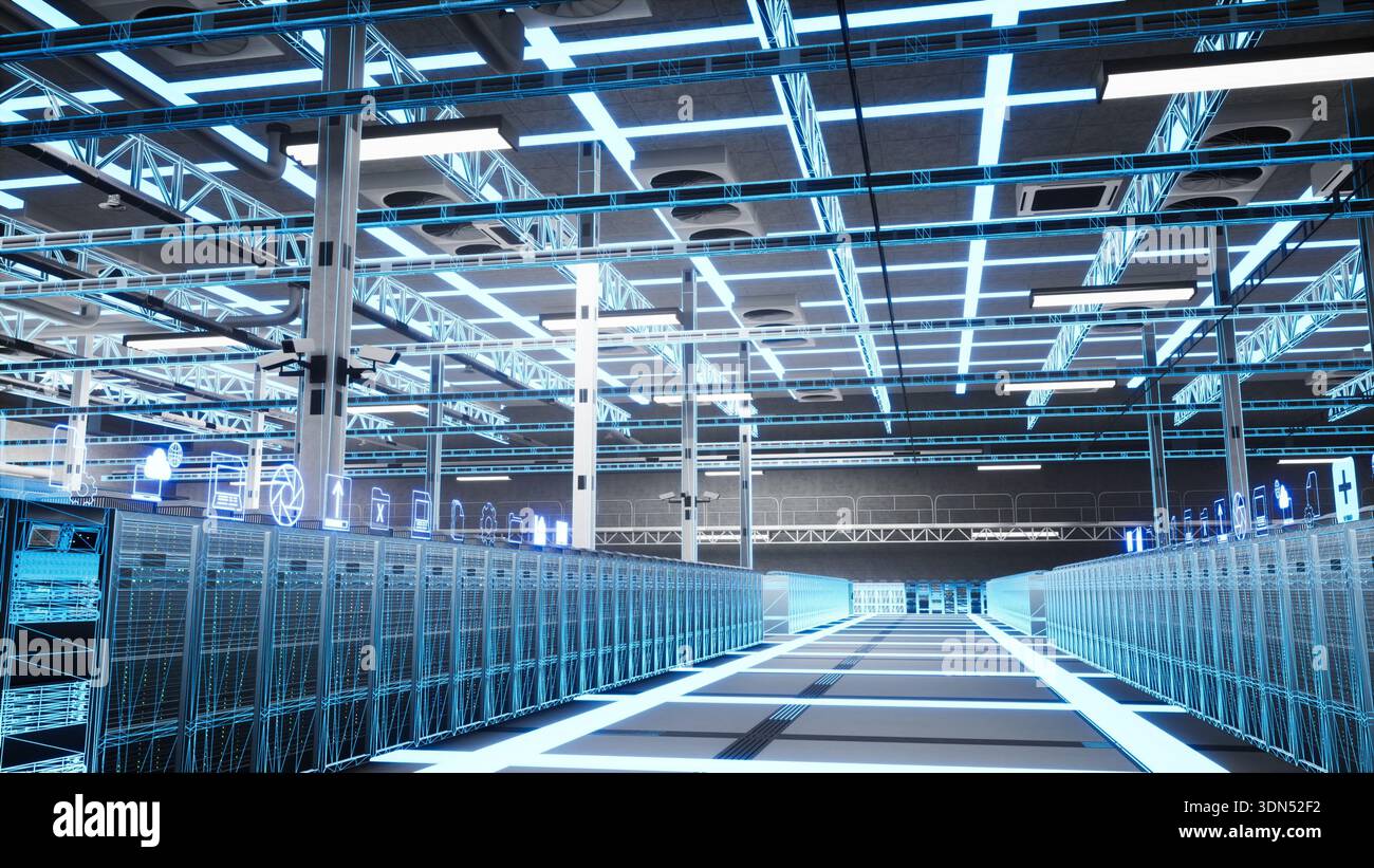 Data center AI supercomputers used for quantum computing and advanced calculations. High tech server farm gear doing machine learning scientific simulations, blue VFX overlay Stock Photo