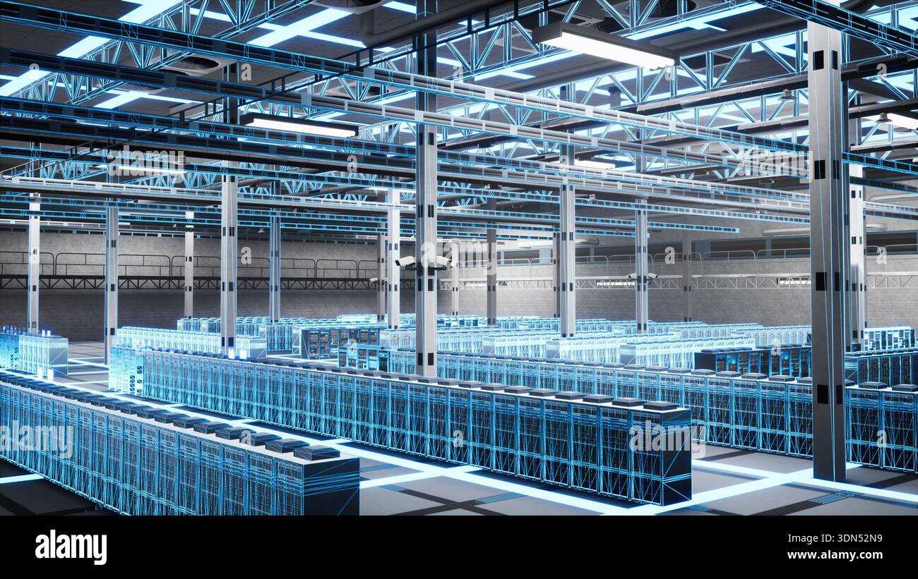 Empty data center server racks used for virtualization, blue wireframe ...