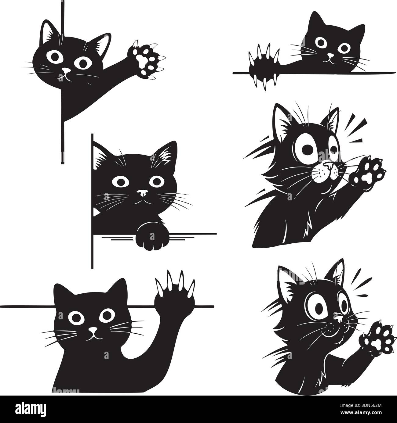 Cute Black Cat Doodle Characters Set for Fun Creative Projects Stock Vector