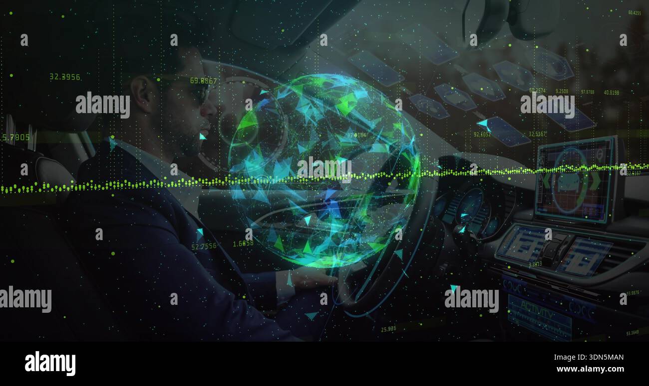 Operating driver in dark suit, sunglasses using touchscreen inside sedan with AR globe, copy space Stock Photo