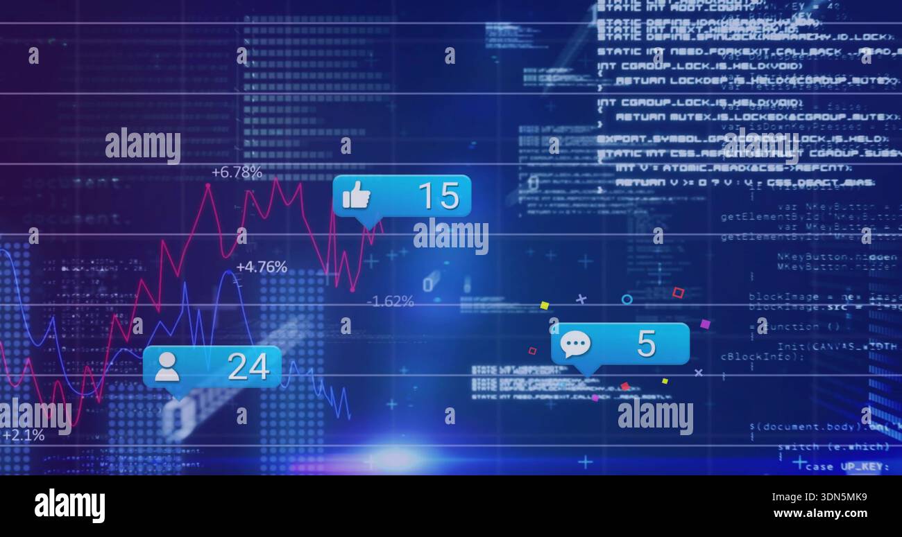 Displaying data visualization in virtual dashboard, showing red and blue line charts with badges Stock Photo