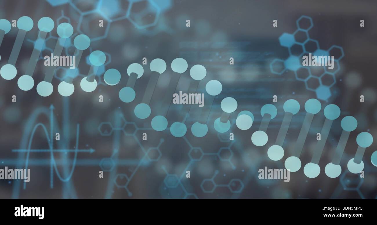 Displaying stylized DNA helix glowing in research lab visualization, with ECG trace and hexagons Stock Photo