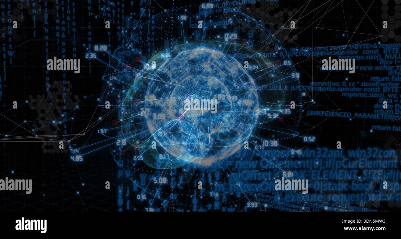 Pulsing blue data sphere linking nodes, displaying numeric labels and code fragments over hex grid Stock Photo