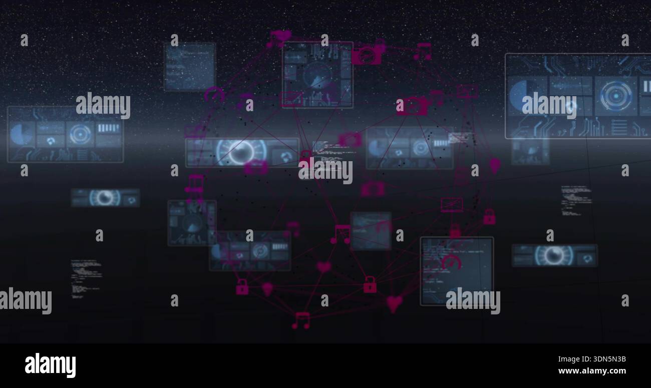 Floating translucent panels and magenta node network forming dashboard in space, showing gauges Stock Photo