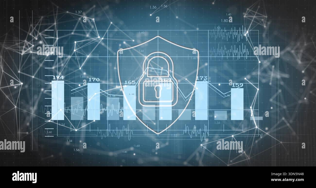 Showing central shield and padlock overlaying data dashboard, featuring chart, graphs, network mesh Stock Photo