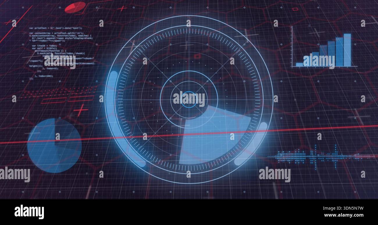 Displaying blue radar HUD on dark grid, showing red scan line, code text, pie chart Stock Photo