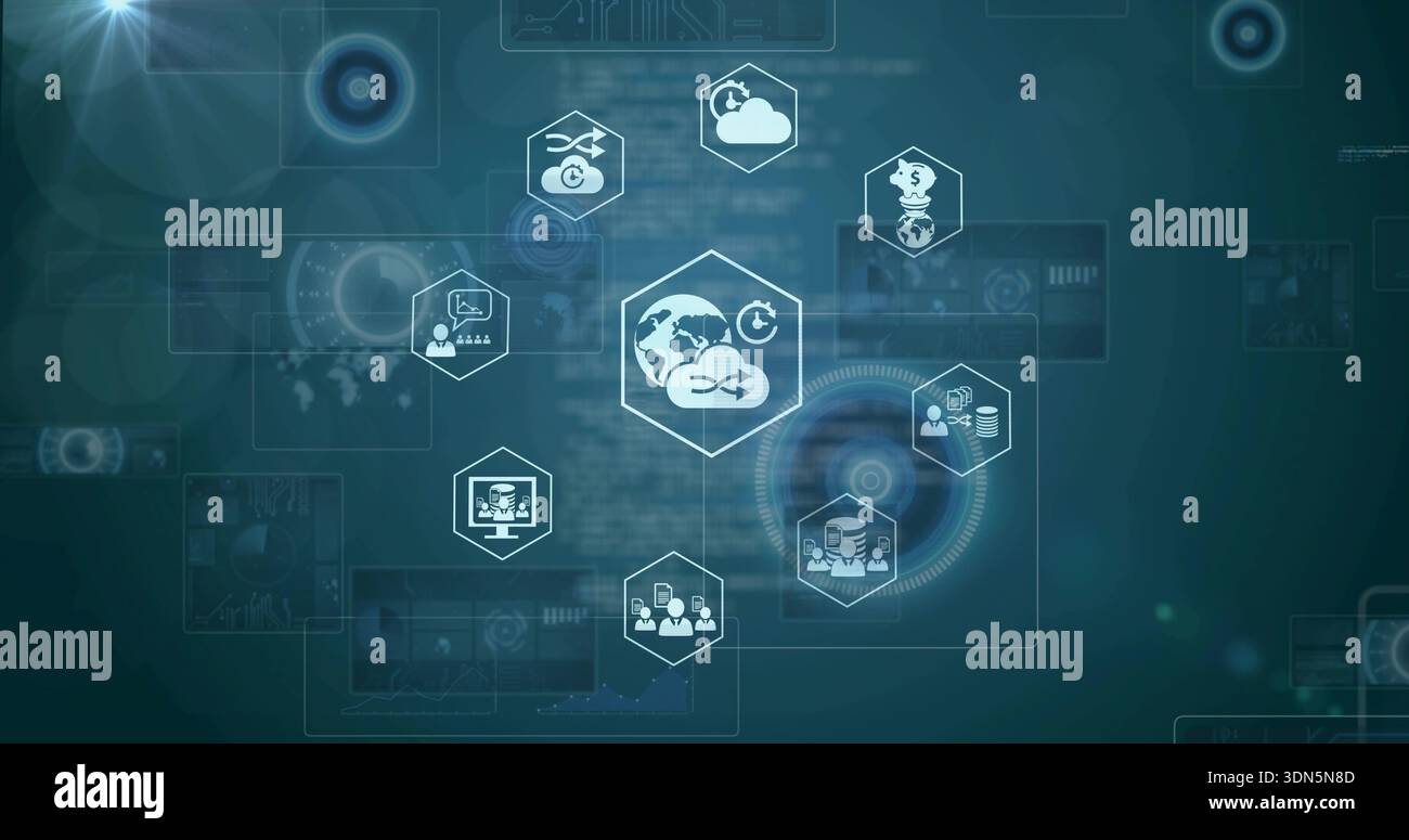 Displaying central hexagon glowing at tech dashboard, showing cloud, servers, users, sync Stock Photo