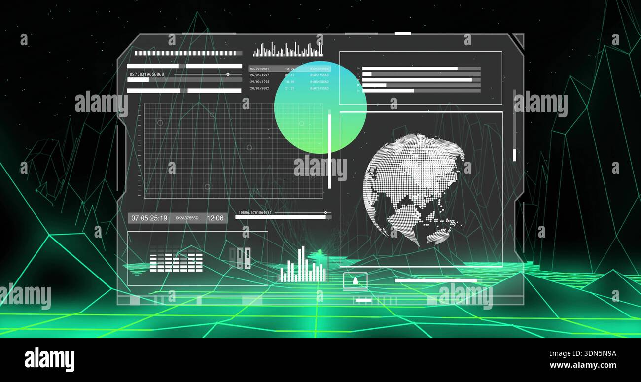 Projecting central transparent HUD displaying dotted 3D globe over neon wireframe grid in VR Stock Photo