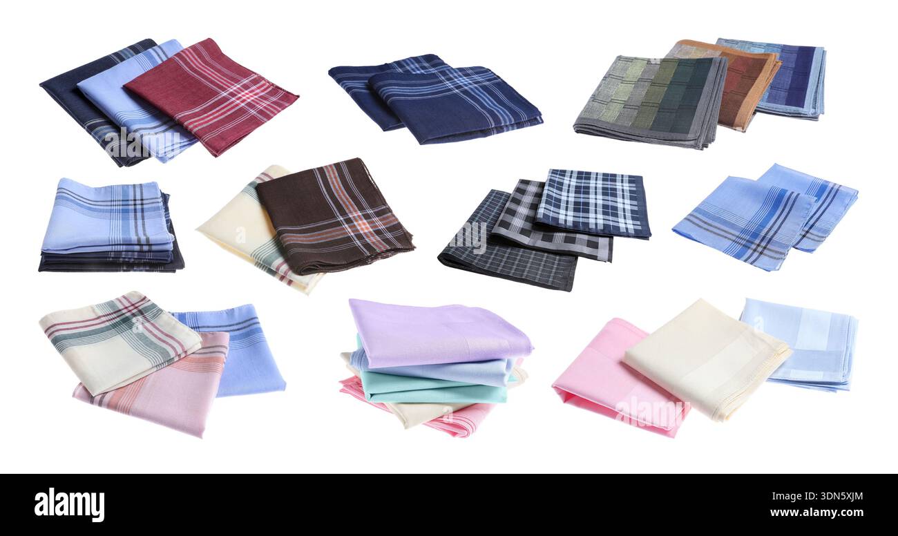 Different fabric handkerchiefs isolated on white, set Stock Photo