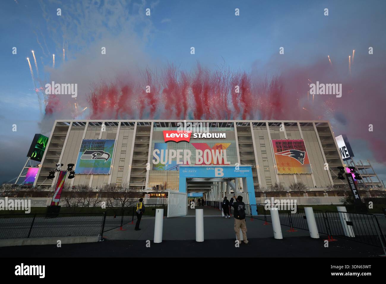 An exterior, general view of fireworks during the Bad Bunny halftime ...