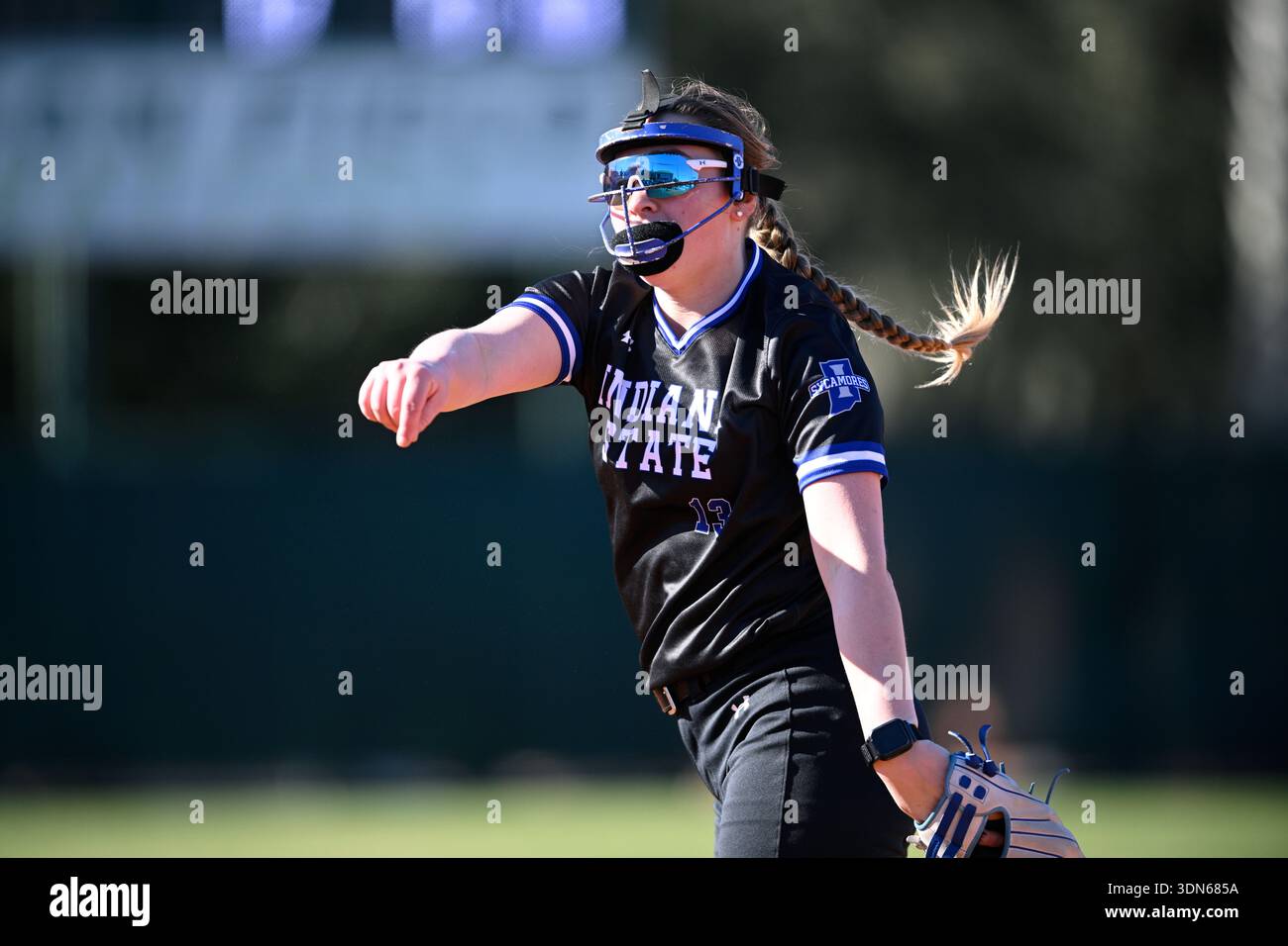 Indiana State pitcher Lauren Sackett (13) throws to home plate during ...