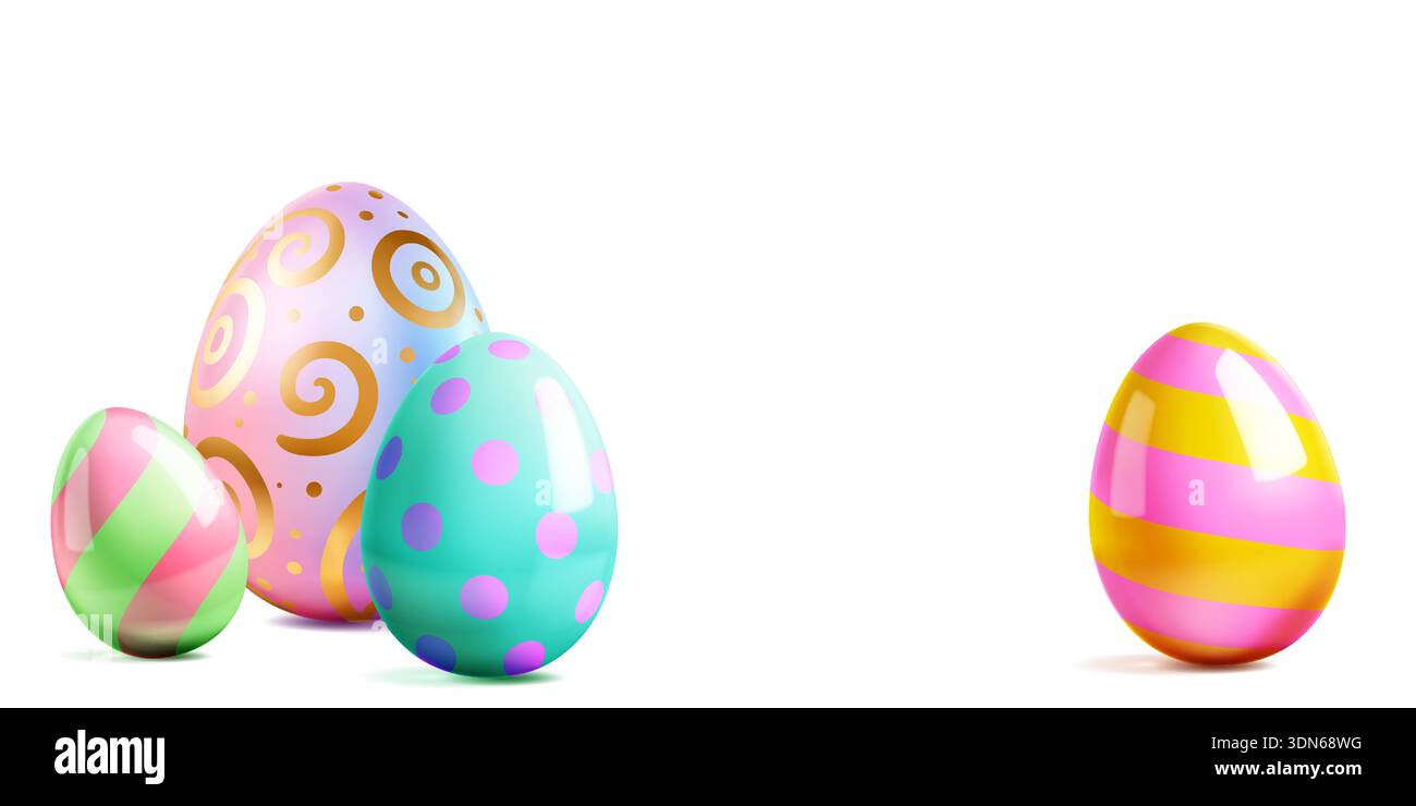 Vibrant easter eggs with soft shadows and various patterns on white background, showcasing different colors and designs. Stock Vector