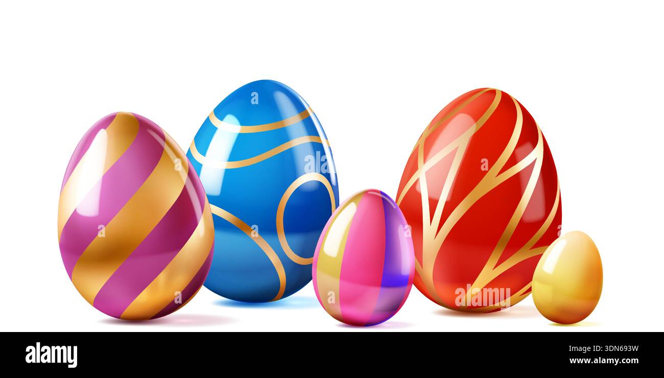 Easter illustration with colorful eggs and soft shadows on white background, eggs are decorated with golden stripes. Stock Vector
