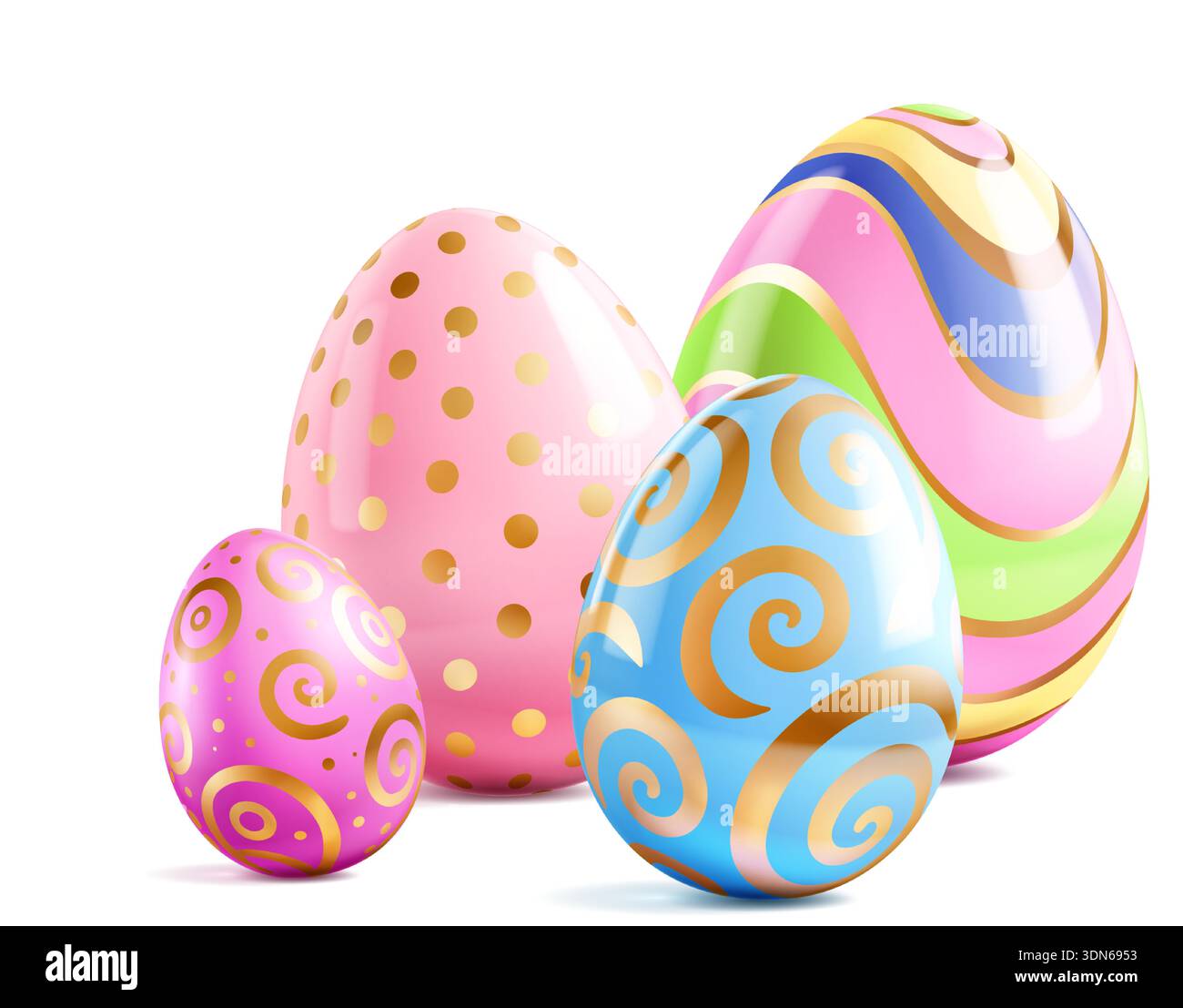 Easter eggs with swirling patterns, dots, and stripes in pastel colors with gold accents on a white background. Stock Vector