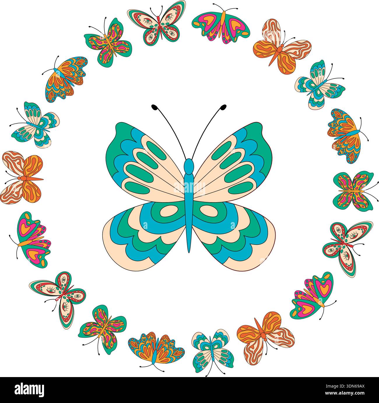 Groovy Retro Butterfly Border Circle Pattern Stock Vector