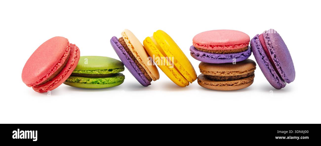 Row of colorful assorted macarons isolated on white background, french sweets Stock Photo