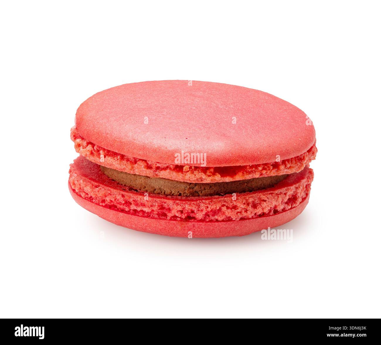 Single pink macaron with chocolate cream filling isolated on white background, macro shot Stock Photo