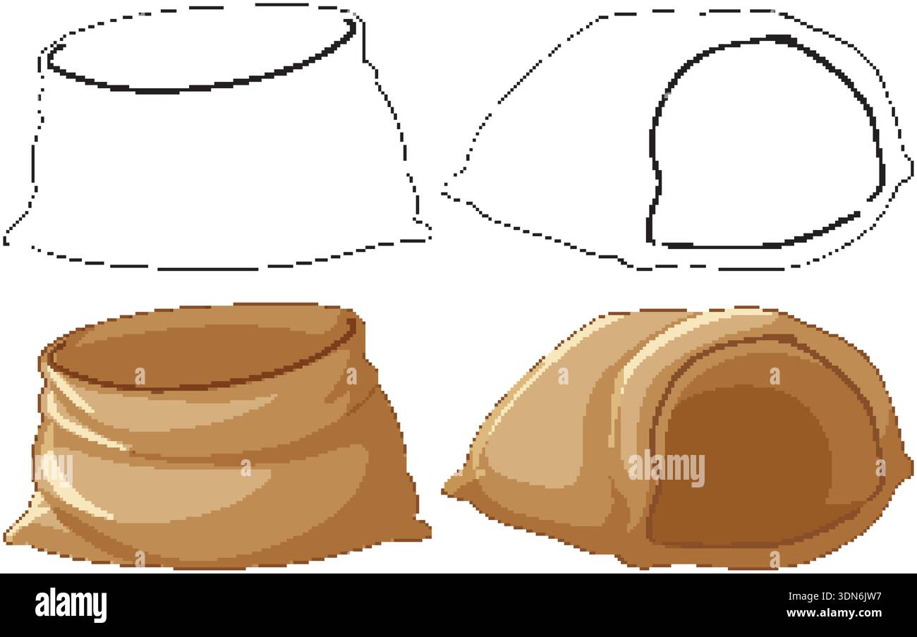 Four empty burlap sacks presented in both black line art and brown colored vector styles Stock Vector