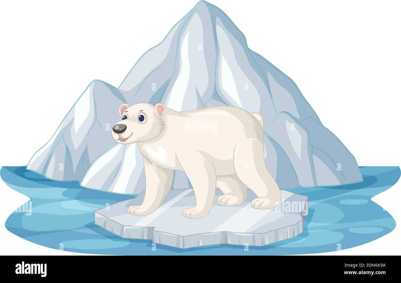 A friendly cartoon polar bear stands on a small ice floe amidst blue arctic waters Stock Vector