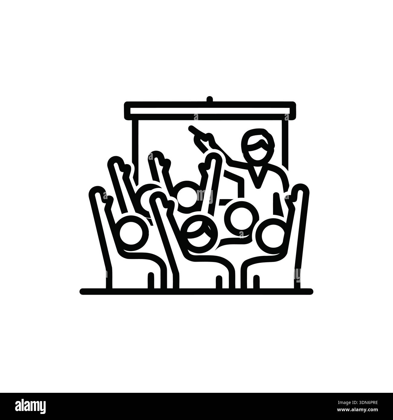 This image depicts a classroom scene with students raising their hands ...