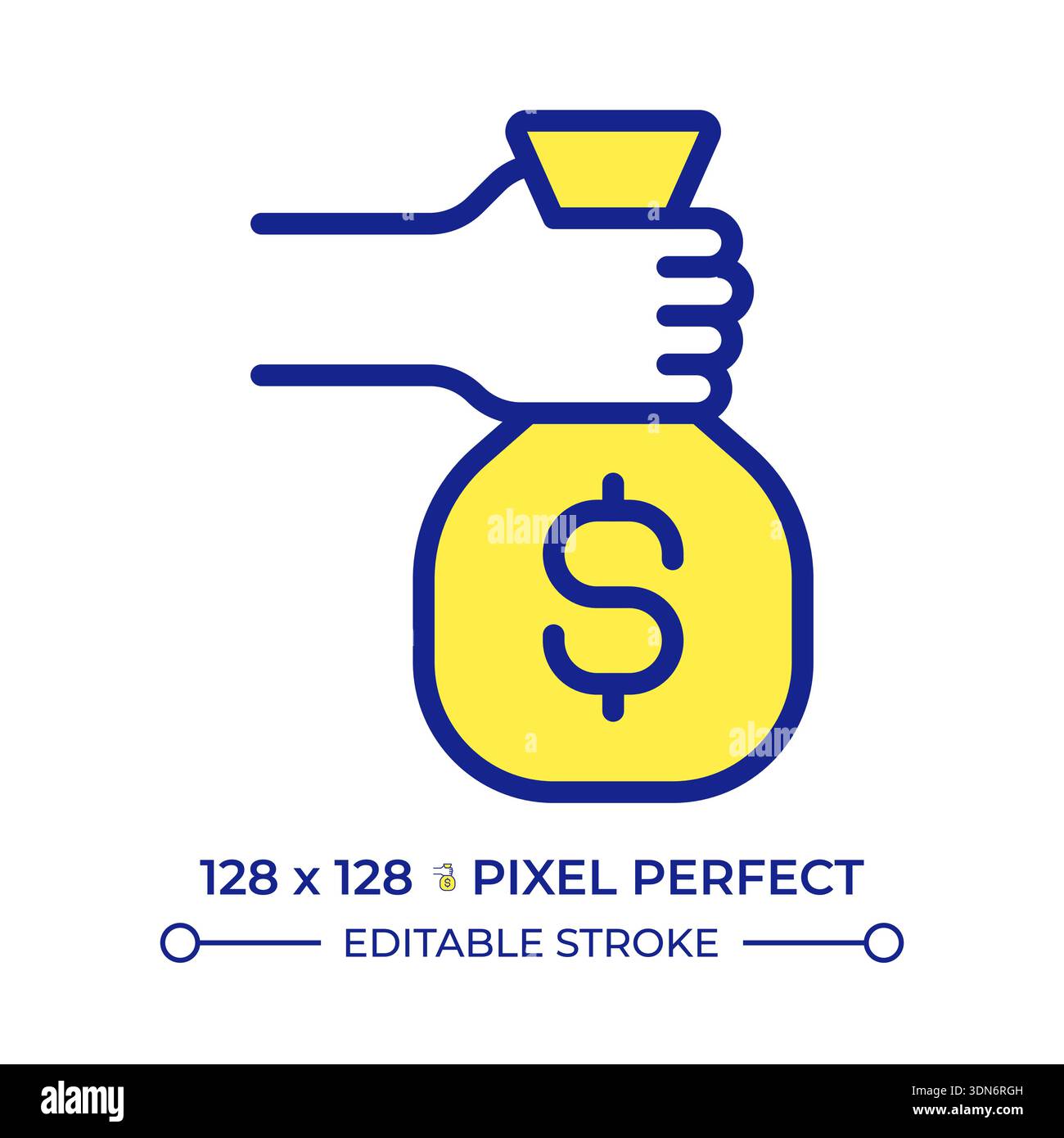 Hand holding money bag pixel perfect line color icon Stock Vector