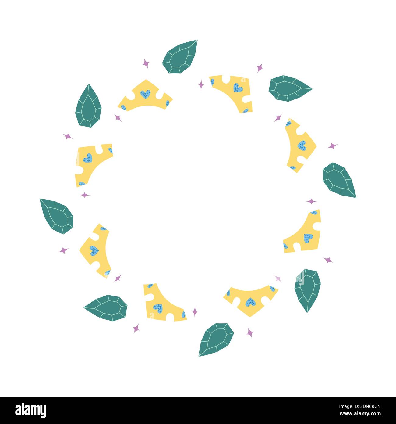 Cute circular frame with crown leaf and gem elements in flat hand drawn style Stock Vector