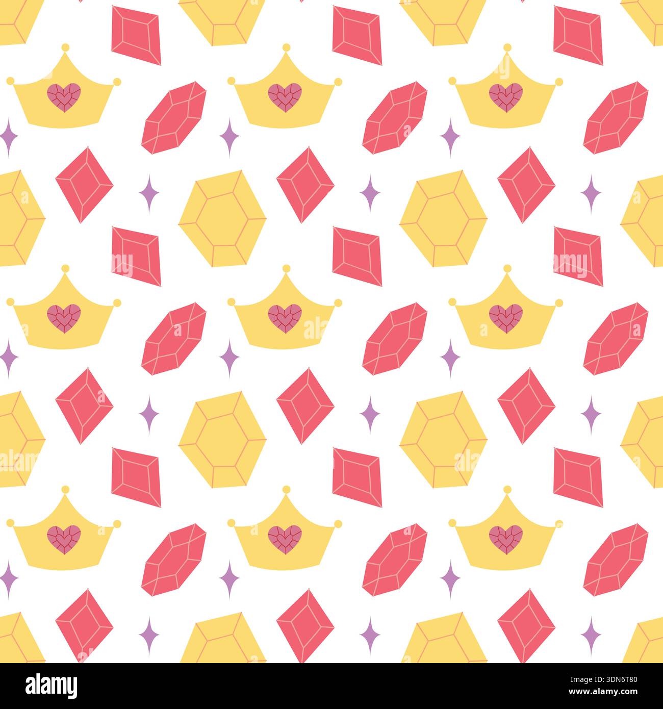 Cute seamless pattern with crown heart and crystal elements in flat style Stock Vector