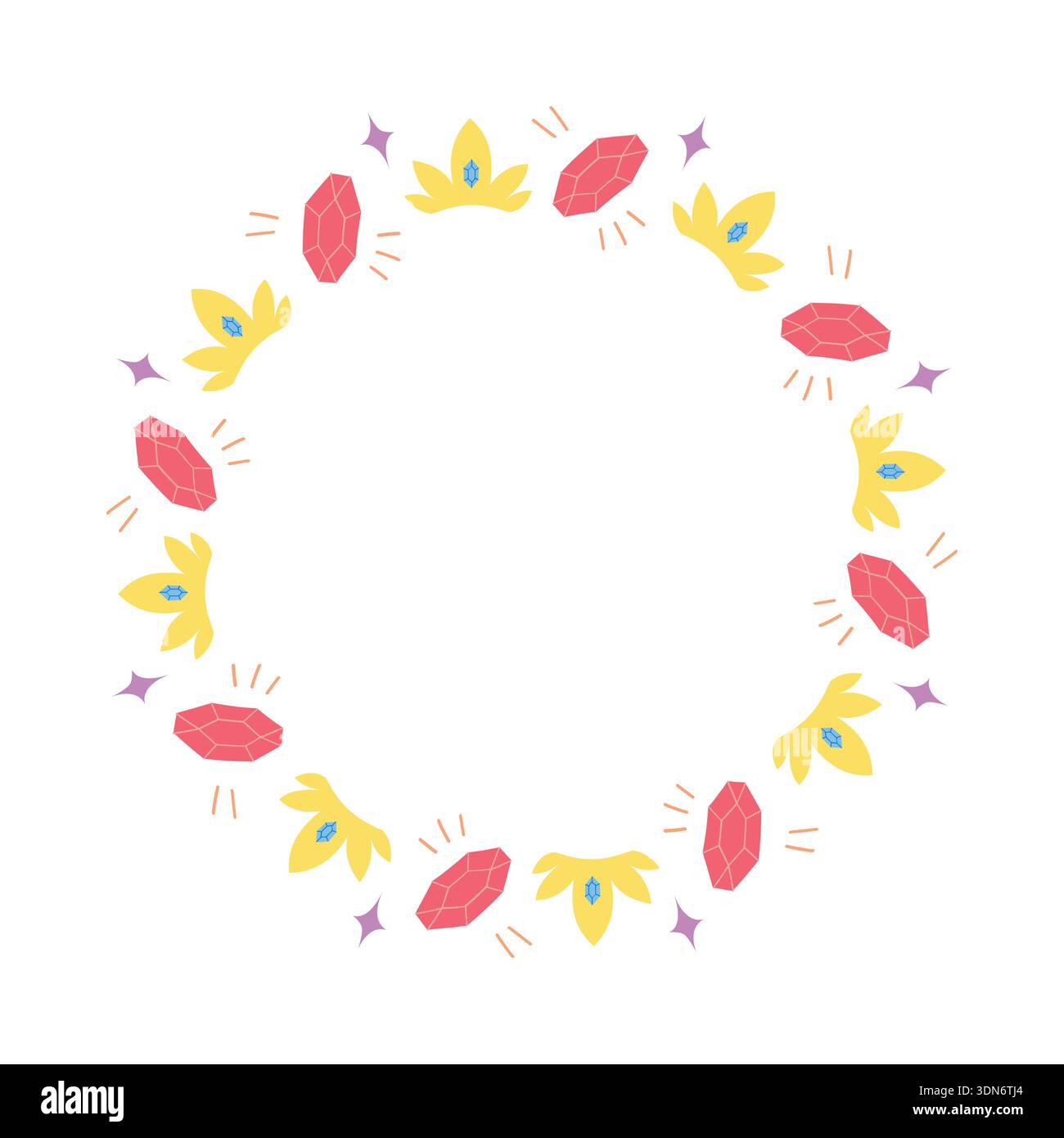 Cute circular frame with crystal and crown leaf elements in flat style Stock Vector