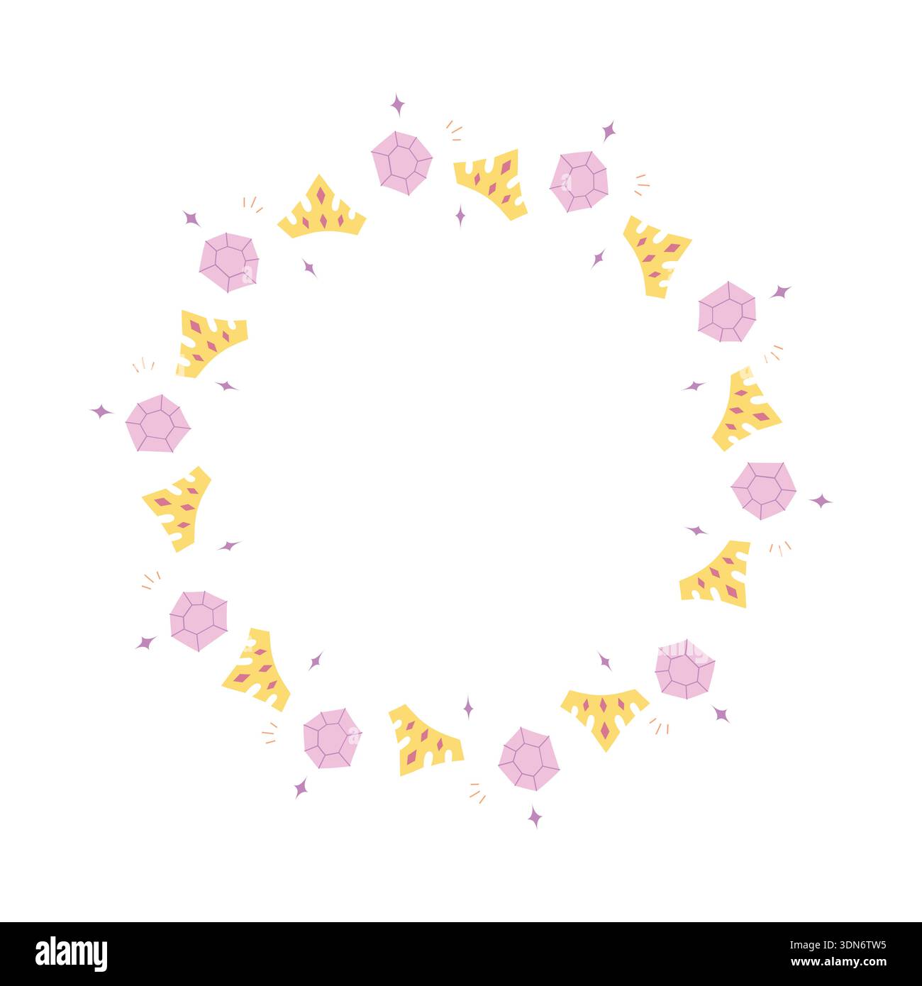 Cute circular frame with crown and crystal elements in flat style Stock Vector