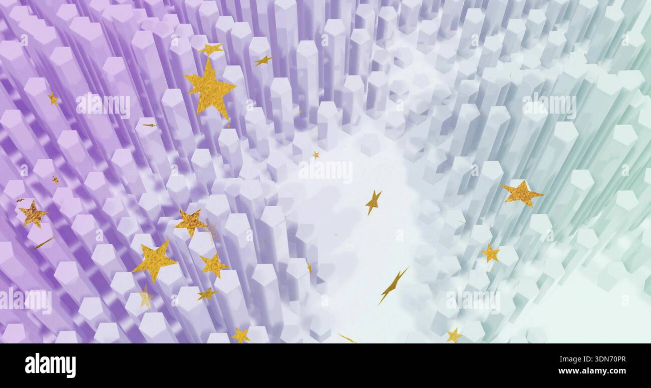 Forming dense hexagonal columns with central clearing in 3D scene, with gold stars and pastel light Stock Photo