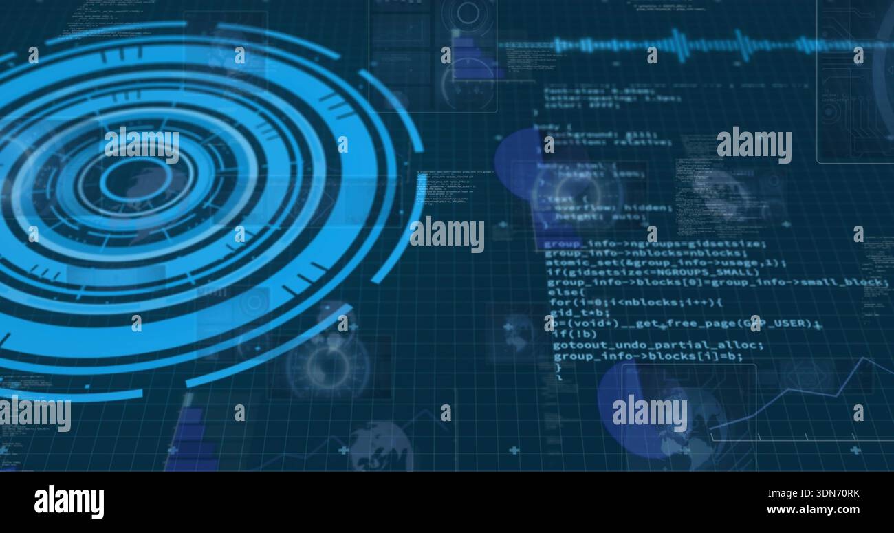 Displaying ringed blue HUD scanning left over grid with code text and waveform, copy space Stock Photo