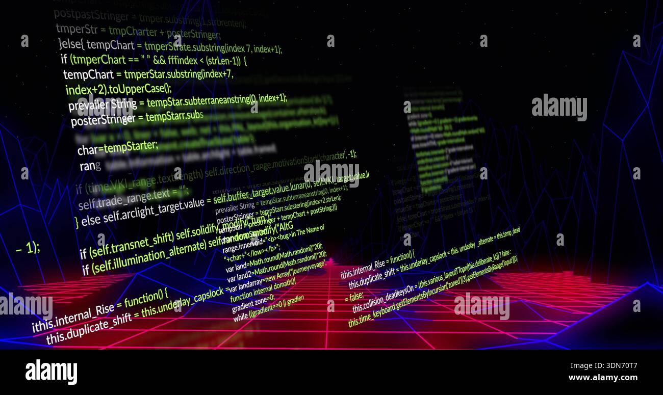 Floating code panel displaying colored code in cyberspace, with magenta grid and purple wireframes Stock Photo