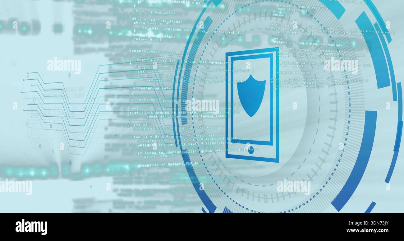 Displaying phone with shield emblem inside HUD rings in digital studio, showing code streams, nodes Stock Photo