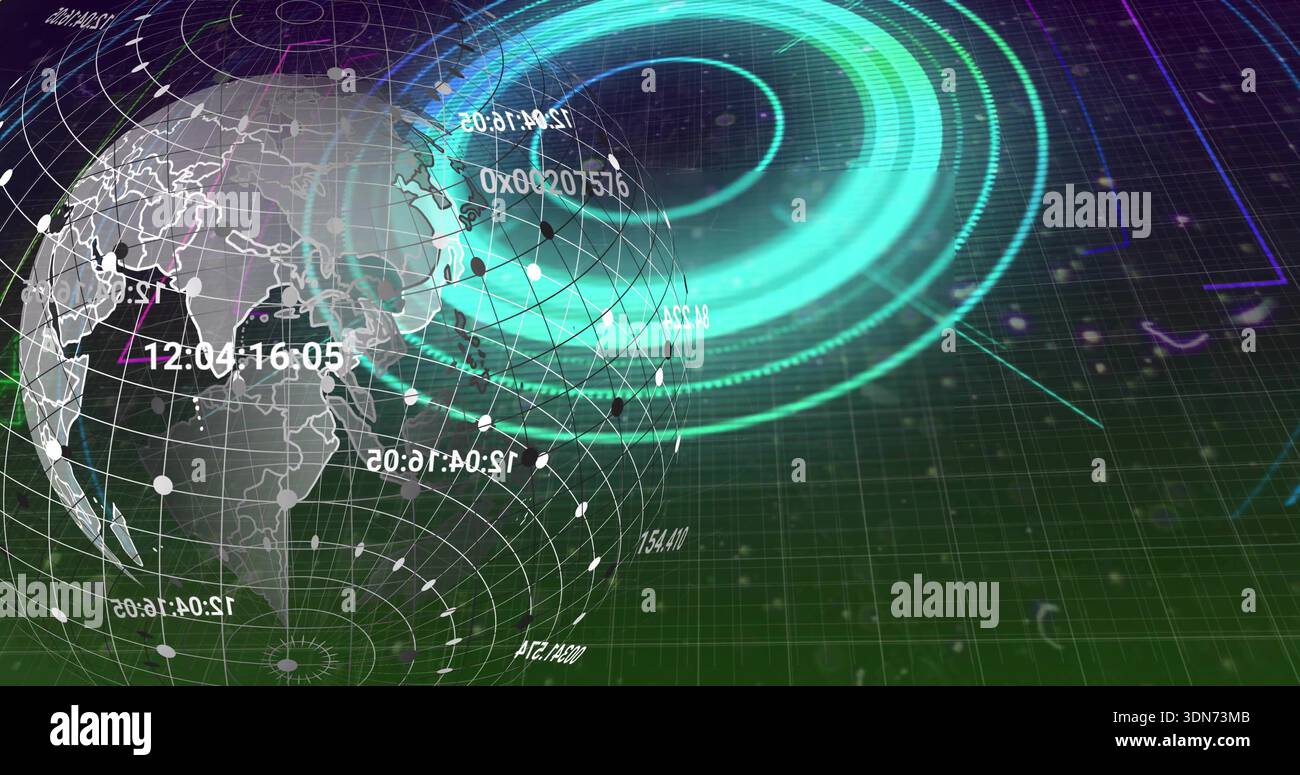 Rotating wireframe globe showing countries, timecodes on green grid with HUD rings, copy space Stock Photo