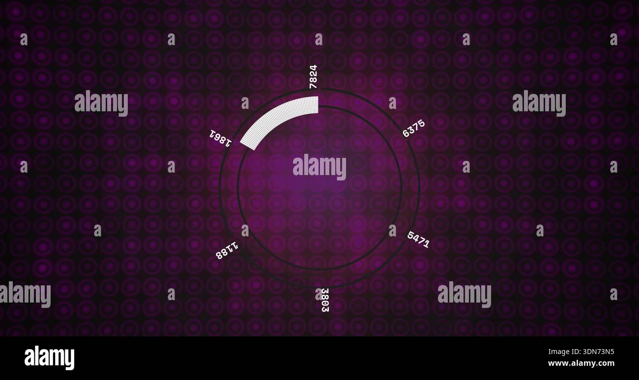 Displaying central HUD chart on digital UI, showing white segmented arc, concentric rings, labels Stock Photo