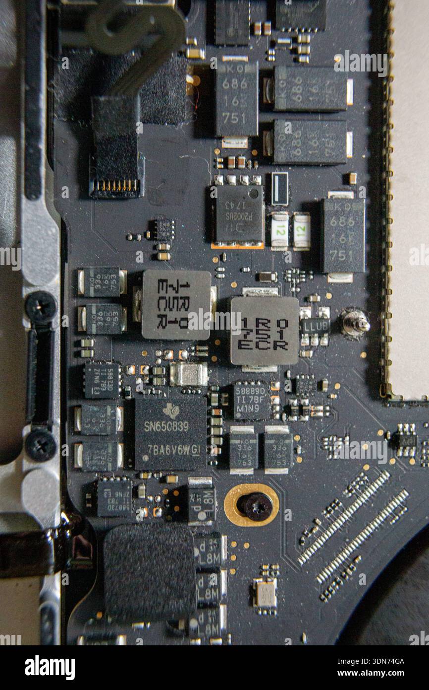 Conroll Chips Close-up of power control chips and surface mounted components on an ...