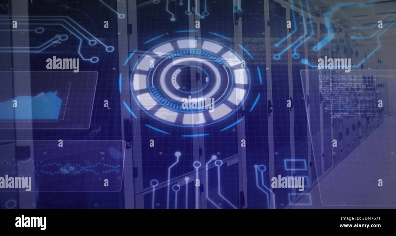 Displaying central server racks and floating circular interface in data center, with HUD overlays Stock Photo