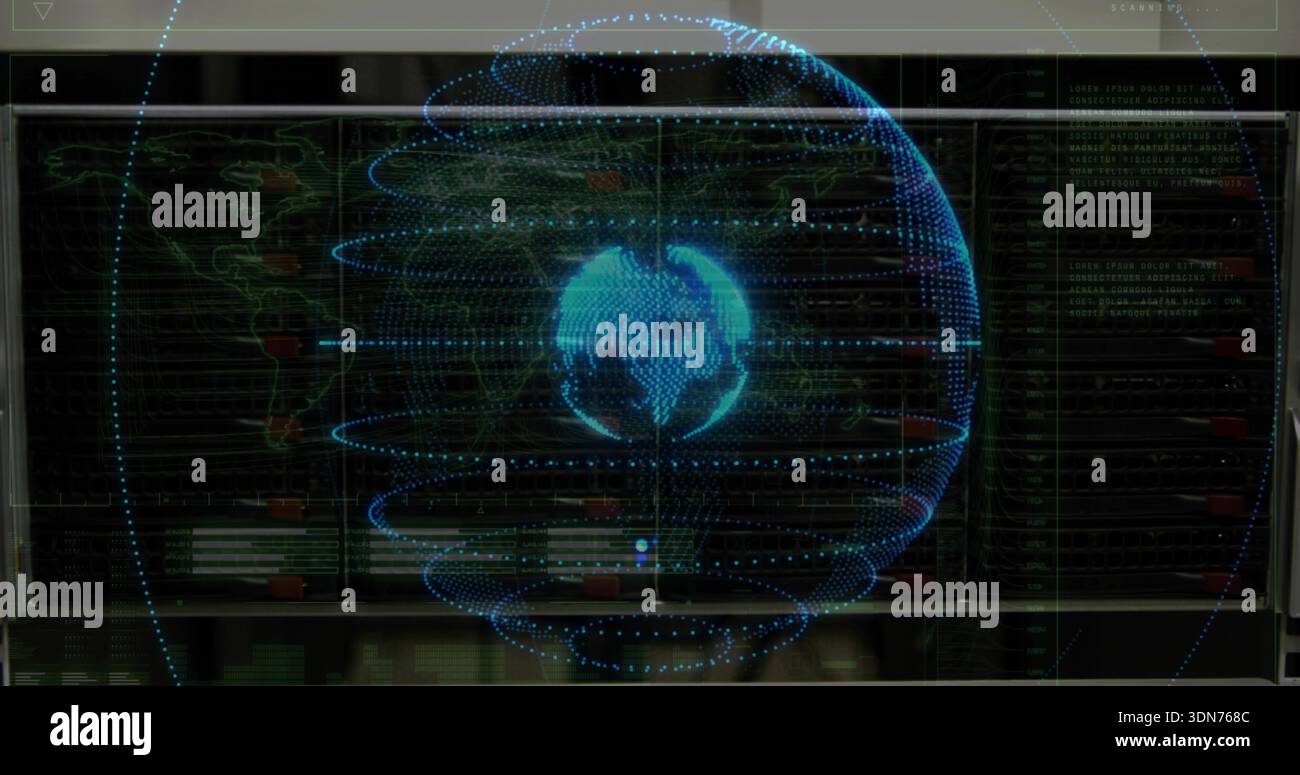 Projecting holographic blue dotted globe rotating above command console, with data wall readouts Stock Photo