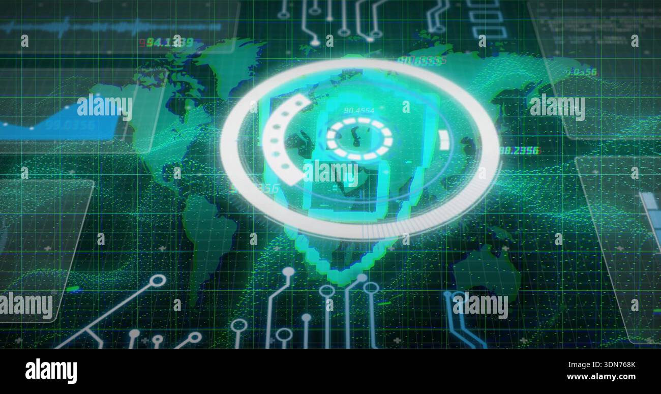 Rotating holographic HUD hovering on virtual dashboard, showing world map, grid, numeric readouts Stock Photo