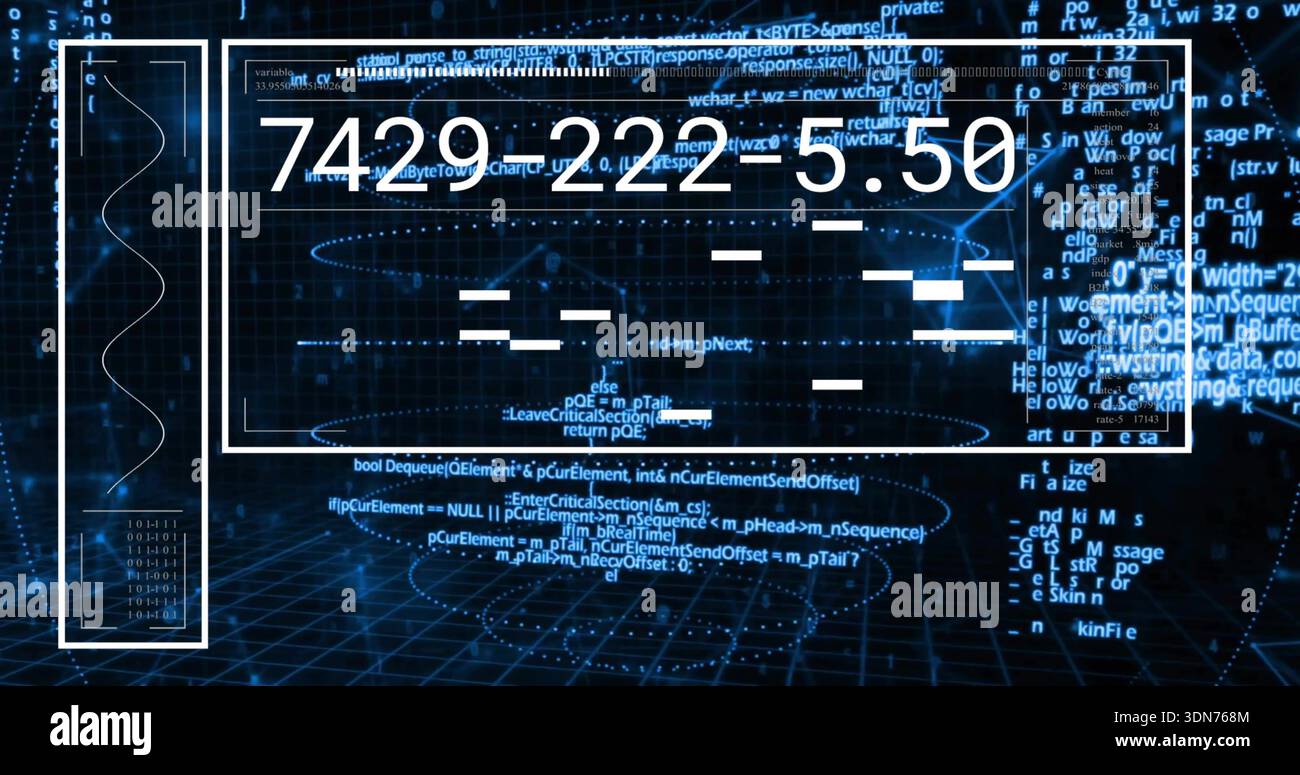 Displaying central hologram panel showing numeric readout on grid, with waveform and cascading code Stock Photo