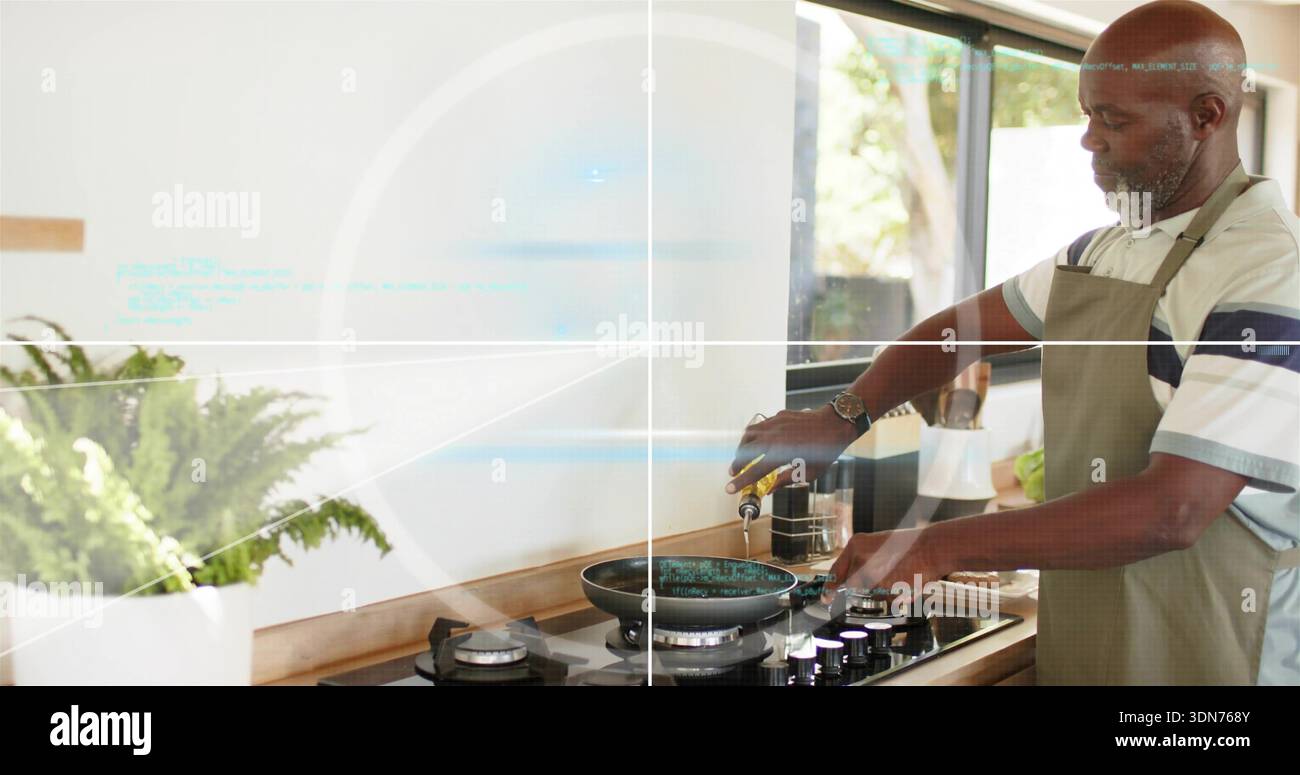 Senior cook in olive apron pouring oil from bottle into nonstick pan on cooktop, copy space Stock Photo