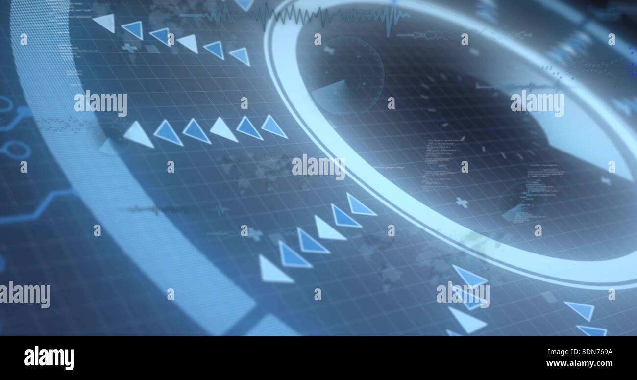 Showing glowing ring UI pulsing on virtual onscreen grid, with diagonal triangle arrows Stock Photo