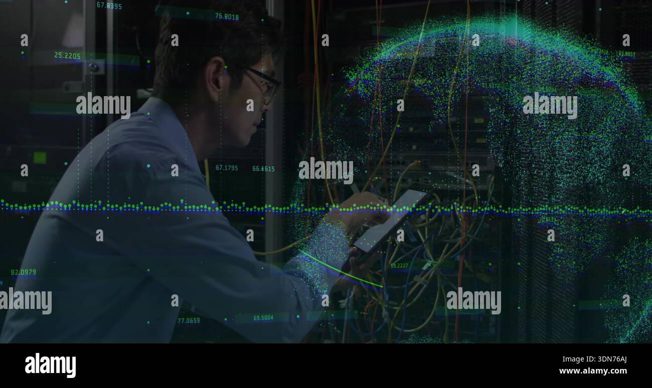 Inspecting tech in blue shirt checking data center racks patch cables and tablet with data overlay Stock Photo