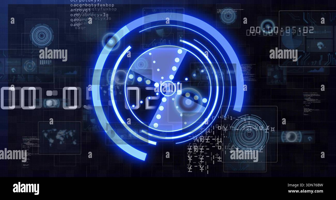 Projecting central holographic circular interface spinning over dark grid, with three-blade rotor Stock Photo